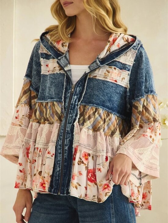 Oli & Hali Jackets & Blazers - RUFFLE HOODED LACE DENIM FLANNEL AND PRINT MIX JACKET